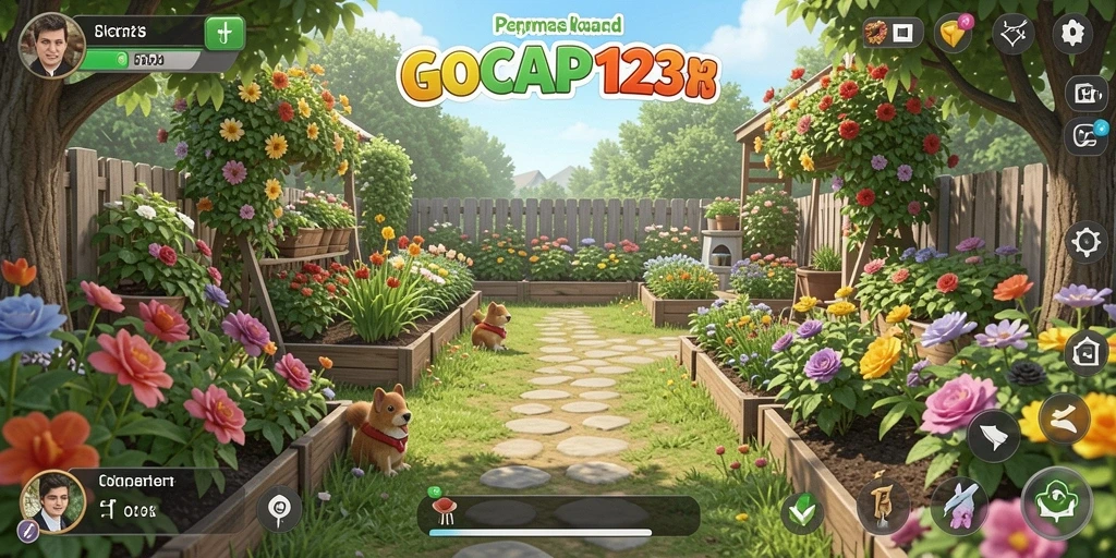 Tampilan gameplay seru dari GOCAP123 yang menampilkan kebun yang indah.