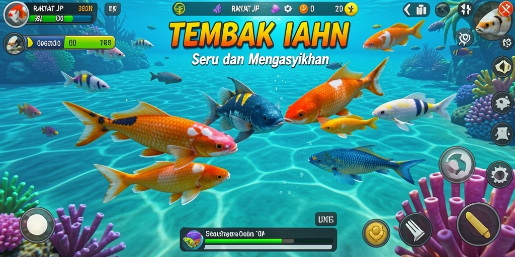 Tampilan screenshot RAKYATJP menampilkan aksi seru menembak ikan.