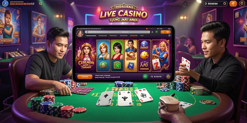Tangkapan layar gameplay SM605 menampilkan dealer langsung dan suasana kasino yang mendebarkan.