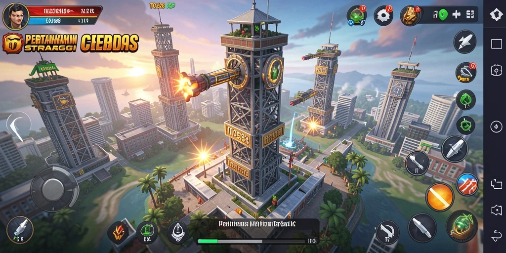 Screenshot TO288 menunjukkan serangan menara melawan gelombang musuh yang menegangkan.