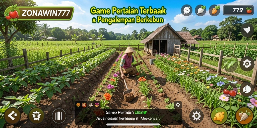 Screenshot ZONAWIN777 menampilkan ladang pertanian yang subur dan beragam tanaman.